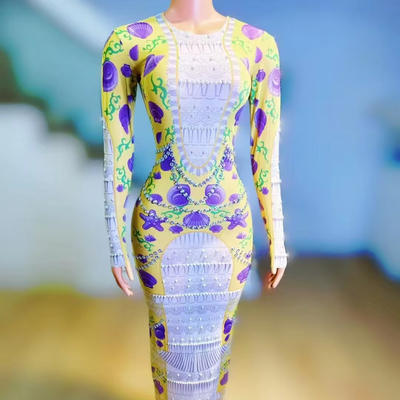 Kimshein AD2456 Long Sleeve Yellow Maxi Dress with Straight Knife Skirt Crystal Print Sparkling Diamond and Pearl Party Evening Gown