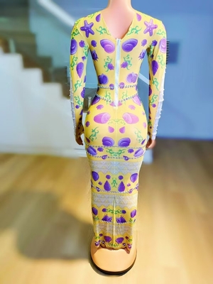 Kimshein AD2456 Long Sleeve Yellow Maxi Dress with Straight Knife Skirt Crystal Print Sparkling Diamond and Pearl Party Evening Gown