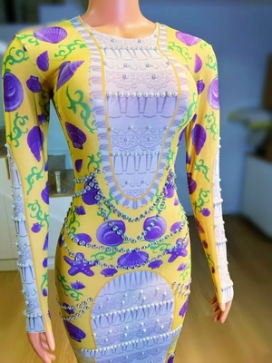 Kimshein AD2456 Long Sleeve Yellow Maxi Dress with Straight Knife Skirt Crystal Print Sparkling Diamond and Pearl Party Evening Gown