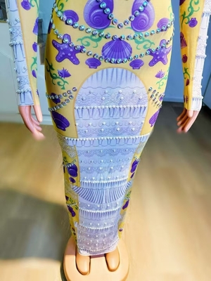 Kimshein AD2456 Long Sleeve Yellow Maxi Dress with Straight Knife Skirt Crystal Print Sparkling Diamond and Pearl Party Evening Gown