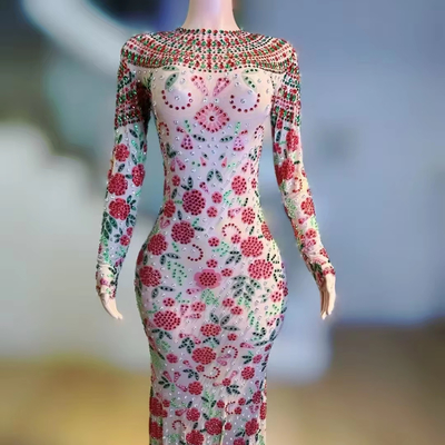 Women's Latest Fashion Party Dress with Crystal Embellishments and Mesh Fabric in Floor-Length Design