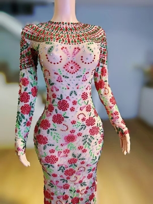 Women's Latest Fashion Party Dress with Crystal Embellishments and Mesh Fabric in Floor-Length Design