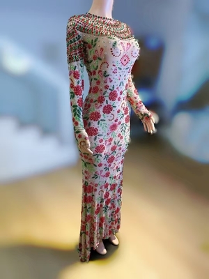 Women's Latest Fashion Party Dress with Crystal Embellishments and Mesh Fabric in Floor-Length Design