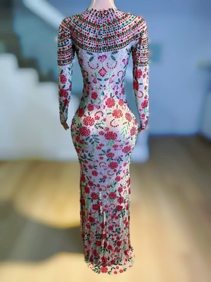 Women's Latest Fashion Party Dress with Crystal Embellishments and Mesh Fabric in Floor-Length Design