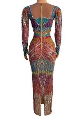 Kimshein AD2457 Maxi Dress Performance with Long Sleeves and Handmade Crystal Evening Gown in Other Fashionable Elements
