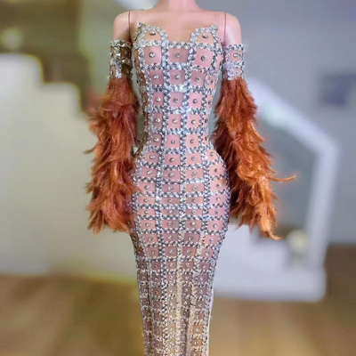 Kimshein AD2537 Fashionable Strapless Shiny Crystal Long Dress for Girls' Party Club Mesh Fabric Feather Embellishment