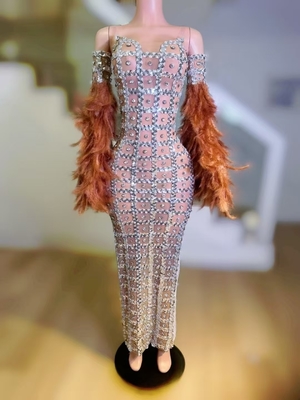 Kimshein AD2537 Fashionable Strapless Shiny Crystal Long Dress for Girls' Party Club Mesh Fabric Feather Embellishment