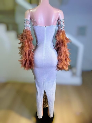 Kimshein AD2537 Fashionable Strapless Shiny Crystal Long Dress for Girls' Party Club Mesh Fabric Feather Embellishment
