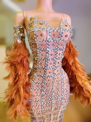 Kimshein AD2537 Fashionable Strapless Shiny Crystal Long Dress for Girls' Party Club Mesh Fabric Feather Embellishment