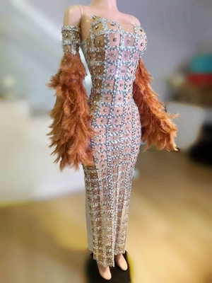 Kimshein AD2537 Fashionable Strapless Shiny Crystal Long Dress for Girls' Party Club Mesh Fabric Feather Embellishment