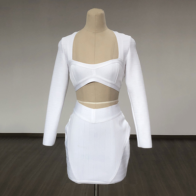SS2308 White Bandage Long Sleeve Mini Skirt Set for Women 300g Fabric Weight a Perfect Addition to Your Wardrobe