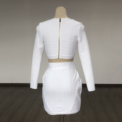 SS2308 White Bandage Long Sleeve Mini Skirt Set for Women 300g Fabric Weight a Perfect Addition to Your Wardrobe