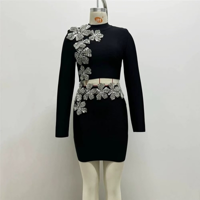SR2384 Bandage 2-Piece Set Long Sleeve Luxury Crystal Flower Evening Mini Dress Suit for Sophisticated Functions