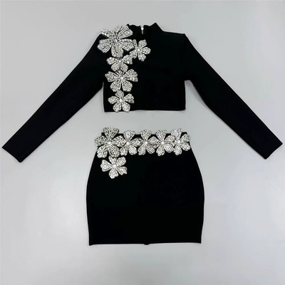 SR2384 Bandage 2-Piece Set Long Sleeve Luxury Crystal Flower Evening Mini Dress Suit for Sophisticated Functions