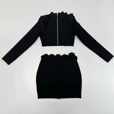 SR2384 Bandage 2-Piece Set Long Sleeve Luxury Crystal Flower Evening Mini Dress Suit for Sophisticated Functions