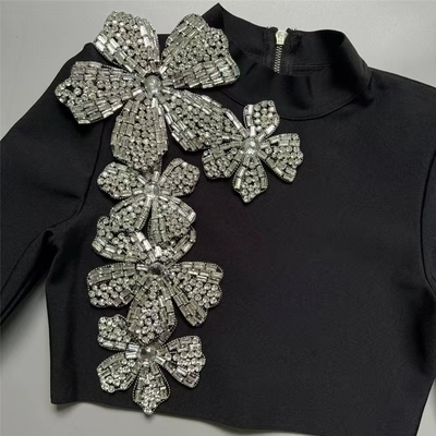 SR2384 Bandage 2-Piece Set Long Sleeve Luxury Crystal Flower Evening Mini Dress Suit for Sophisticated Functions