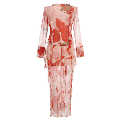 SR2366 Summer Women's Floral Mesh Long Sleeve Two-Piece Set with Ruffled Hem Girls' TOP
