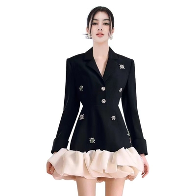 Custom Logo Full Sleeve White Pleated Blazer BA2254 Designer Women's Suit Jacket with Crystal Embellishments