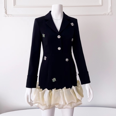 Custom Logo Full Sleeve White Pleated Blazer BA2254 Designer Women's Suit Jacket with Crystal Embellishments