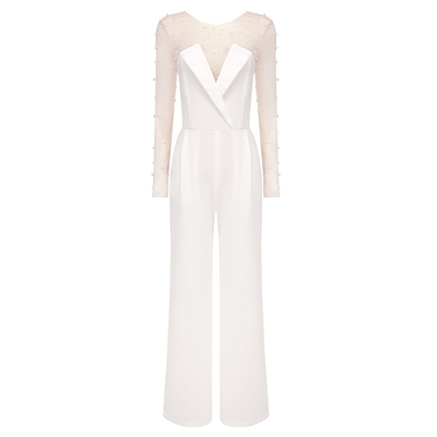 Summer 2021 Women's Sexy Deep V-Neck Two-Piece Jumpsuit Pearl Tight Bodysuit with Regular Sleeves and None Craft Design
