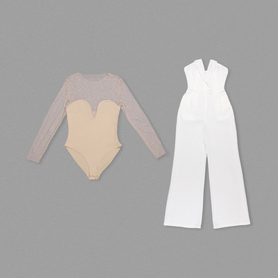 Summer 2021 Women's Sexy Deep V-Neck Two-Piece Jumpsuit Pearl Tight Bodysuit with Regular Sleeves and None Craft Design