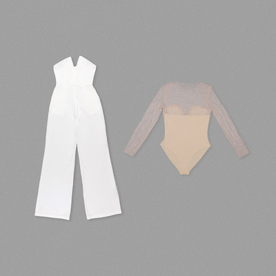 Summer 2021 Women's Sexy Deep V-Neck Two-Piece Jumpsuit Pearl Tight Bodysuit with Regular Sleeves and None Craft Design