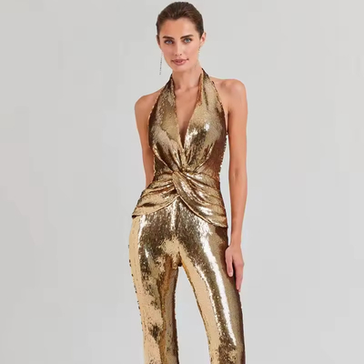 JB2257 Women's Elegant Shimmering Backless Floor-Length Party Jumpsuit Set for Casual Fashionable and Outdoor Gatherings