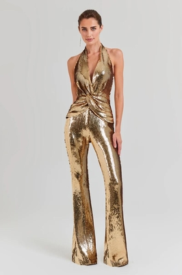 JB2257 Women's Elegant Shimmering Backless Floor-Length Party Jumpsuit Set for Casual Fashionable and Outdoor Gatherings
