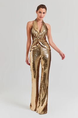 JB2257 Women's Elegant Shimmering Backless Floor-Length Party Jumpsuit Set for Casual Fashionable and Outdoor Gatherings