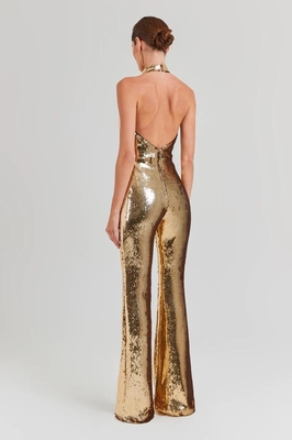 JB2257 Women's Elegant Shimmering Backless Floor-Length Party Jumpsuit Set for Casual Fashionable and Outdoor Gatherings