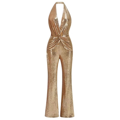 JB2257 Women's Elegant Shimmering Backless Floor-Length Party Jumpsuit Set for Casual Fashionable and Outdoor Gatherings