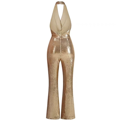 JB2257 Women's Elegant Shimmering Backless Floor-Length Party Jumpsuit Set for Casual Fashionable and Outdoor Gatherings