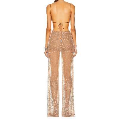 Kimshein JB2243 Women's Fashionable Sexy Backless Sleeveless Diamond Jumpsuit Mesh Women's Jumpsuit with Allure and Charm