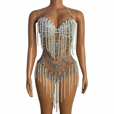 Guangdong Produced Embroidered Women's Stage Dress with Pearl Long Tassel Crystal See-through Dress Exotic Dance Costume