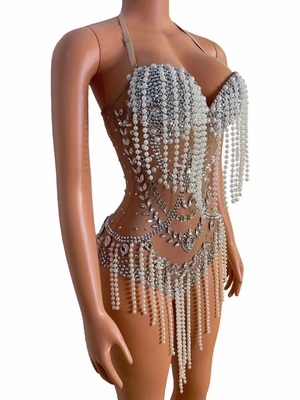 Guangdong Produced Embroidered Women's Stage Dress with Pearl Long Tassel Crystal See-through Dress Exotic Dance Costume
