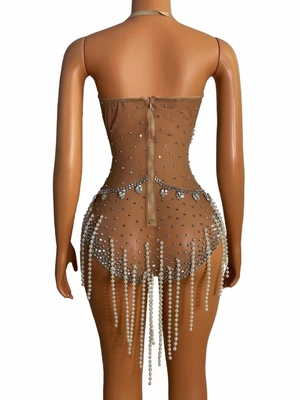 Guangdong Produced Embroidered Women's Stage Dress with Pearl Long Tassel Crystal See-through Dress Exotic Dance Costume