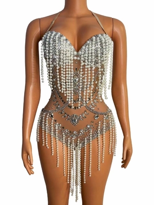 Guangdong Produced Embroidered Women's Stage Dress with Pearl Long Tassel Crystal See-through Dress Exotic Dance Costume