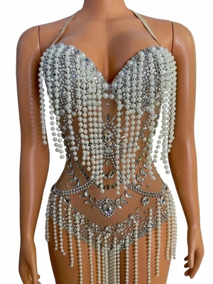 Guangdong Produced Embroidered Women's Stage Dress with Pearl Long Tassel Crystal See-through Dress Exotic Dance Costume