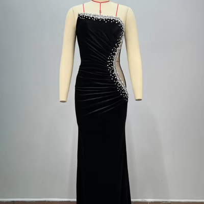 ED2746 Luxurious Velvet Evening Gown with Swarovski Crystal and Strapless Collar Detail