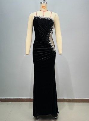 ED2746 Luxurious Velvet Evening Gown with Swarovski Crystal and Strapless Collar Detail