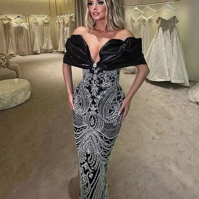 ED2748 Sequin Black Off-Shoulder Floor-Length Evening Dress for Women's Ball Party Exquisite and Luxurious Formal Wear