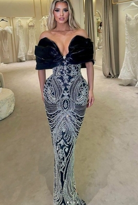 ED2748 Sequin Black Off-Shoulder Floor-Length Evening Dress for Women's Ball Party Exquisite and Luxurious Formal Wear