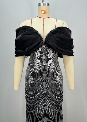 ED2748 Sequin Black Off-Shoulder Floor-Length Evening Dress for Women's Ball Party Exquisite and Luxurious Formal Wear