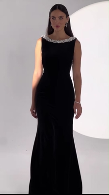 Elegant Club Party Crystal Evening Dress with Velvet Backless Design Pearl Decoration Made of Spandex/Polyester Material