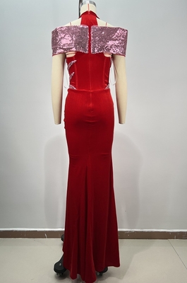 Natural Waistline Red Velvet Maxi Dress for Women at Formal Dance Celebration