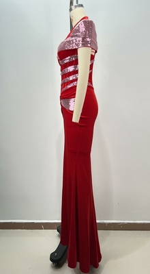 Natural Waistline Red Velvet Maxi Dress for Women at Formal Dance Celebration