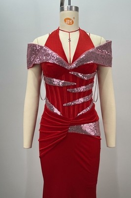 Natural Waistline Red Velvet Maxi Dress for Women at Formal Dance Celebration