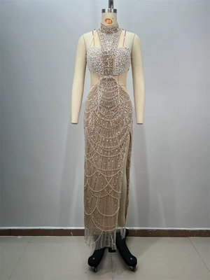 ED2738 Luxury Pearl Chain Water Diamond Long Dress Women's Sexy Mesh Sequin Dress Hollow Sexy Dance Party Dress with Jewels