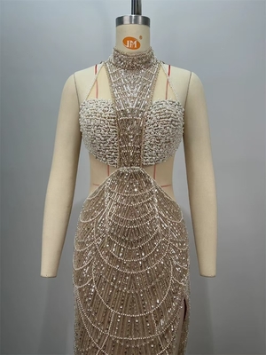 ED2738 Luxury Pearl Chain Water Diamond Long Dress Women's Sexy Mesh Sequin Dress Hollow Sexy Dance Party Dress with Jewels