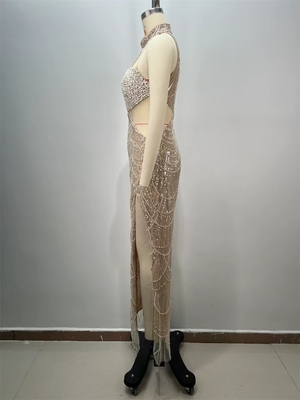 ED2738 Luxury Pearl Chain Water Diamond Long Dress Women's Sexy Mesh Sequin Dress Hollow Sexy Dance Party Dress with Jewels